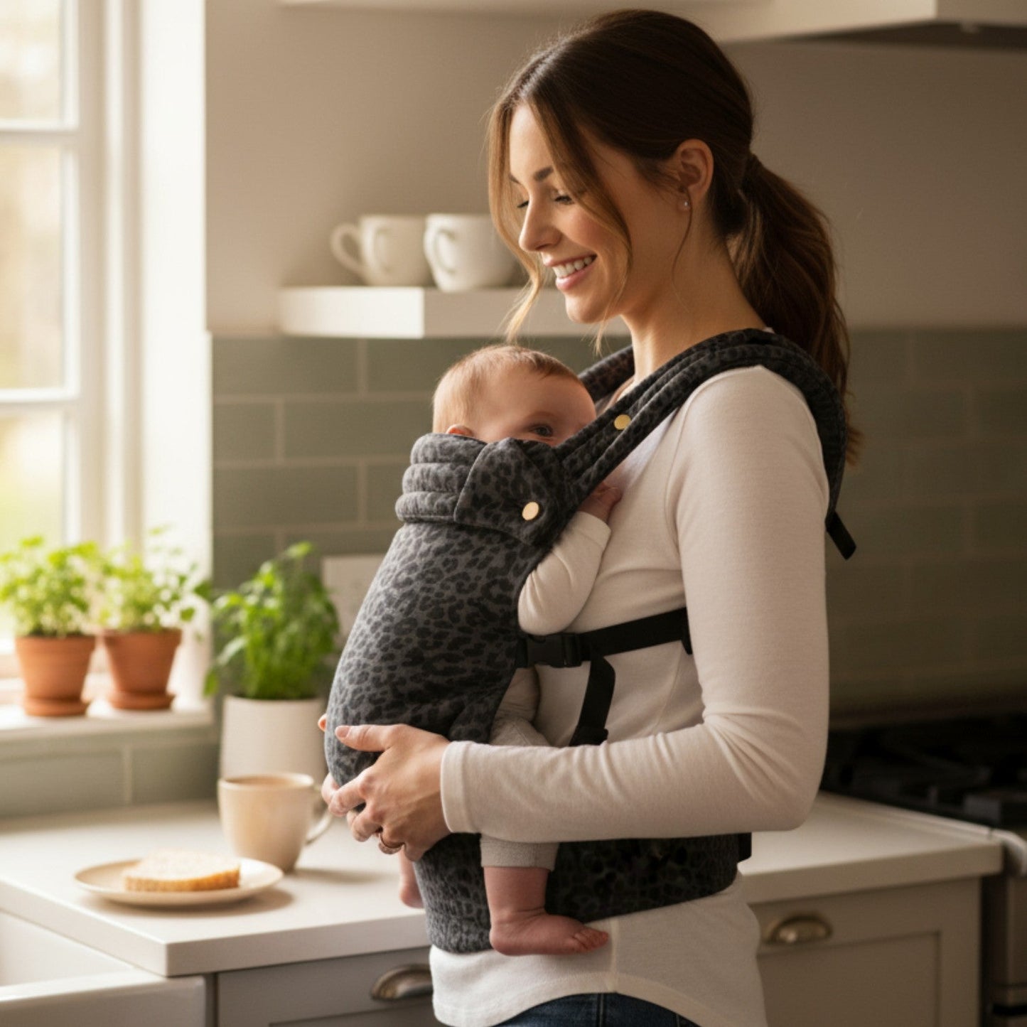 Porte bébé physiologique gris WildComfort™ – maman avec bébé à la maison, portage ergonomique et apaisant – Astucebambin