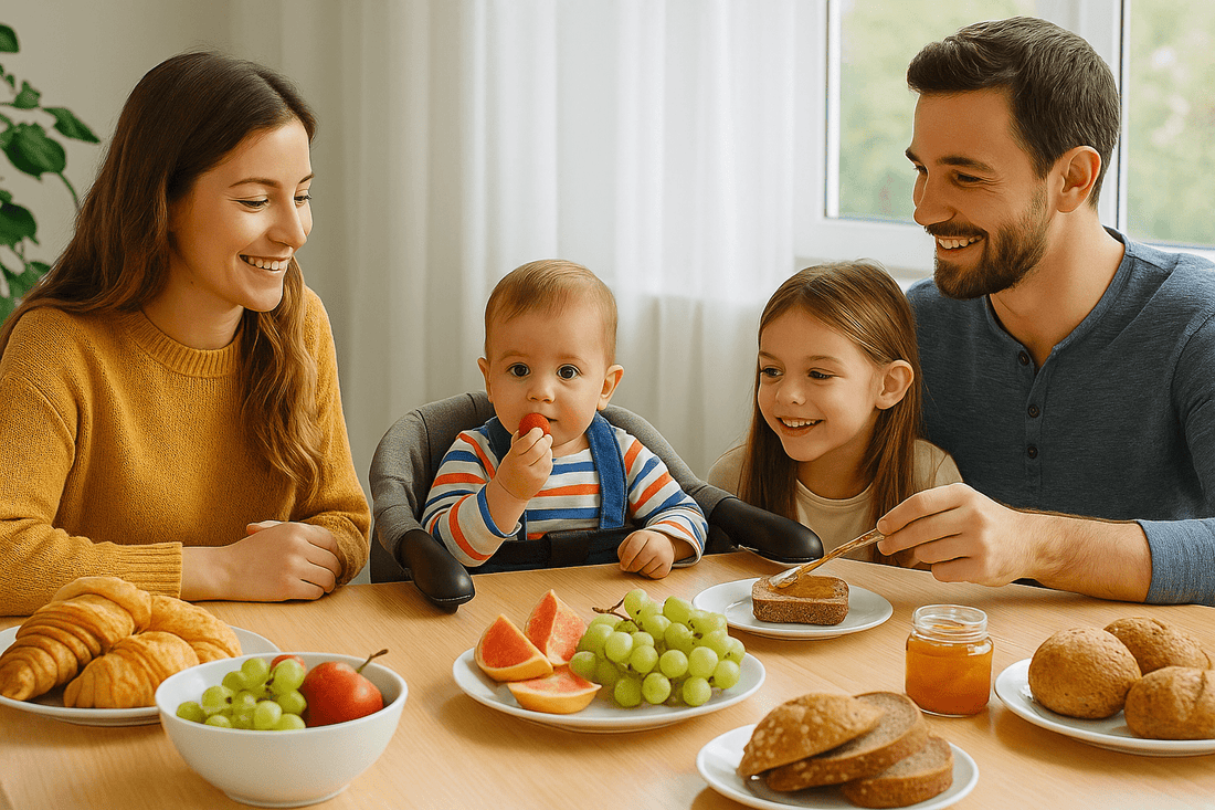 deux adultes et deux enfants mange tous ensemble a table, bébé assis sur son rehausseur de chaise