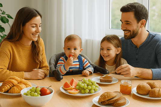 deux adultes et deux enfants mange tous ensemble a table, bébé assis sur son rehausseur de chaise