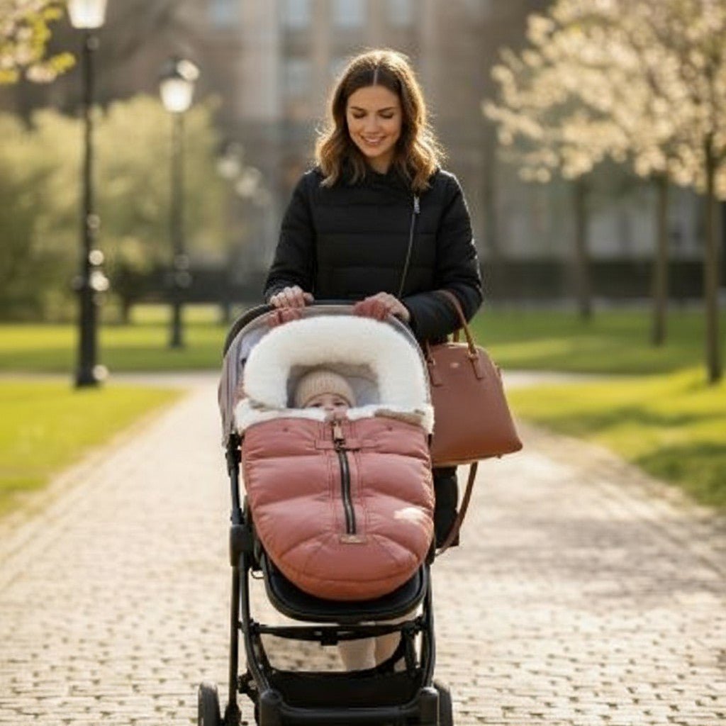 maman promenant son bebe dans sa CHANCELIERE BEBE Rouge Claire | CosyWinter™ - Astucebambin