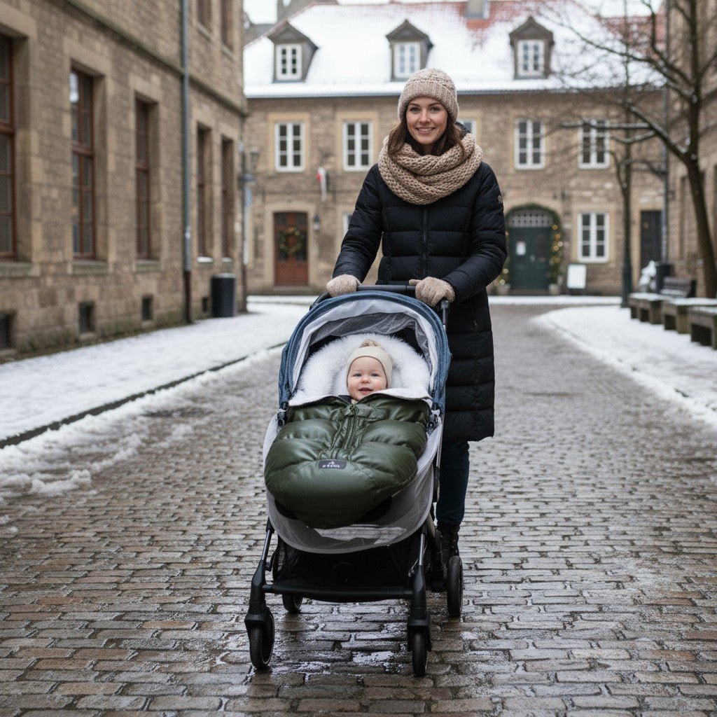 maman promenant son bebe avec la poussette dans sa CHANCELIERE BEBE vert militaire | CozyWinter™ - Astucebambin