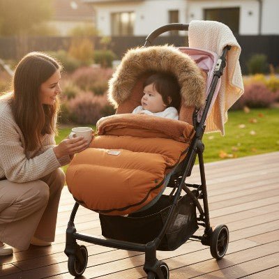 Bebe installé dans sa chancelière marron en face de maman qui prend son café
