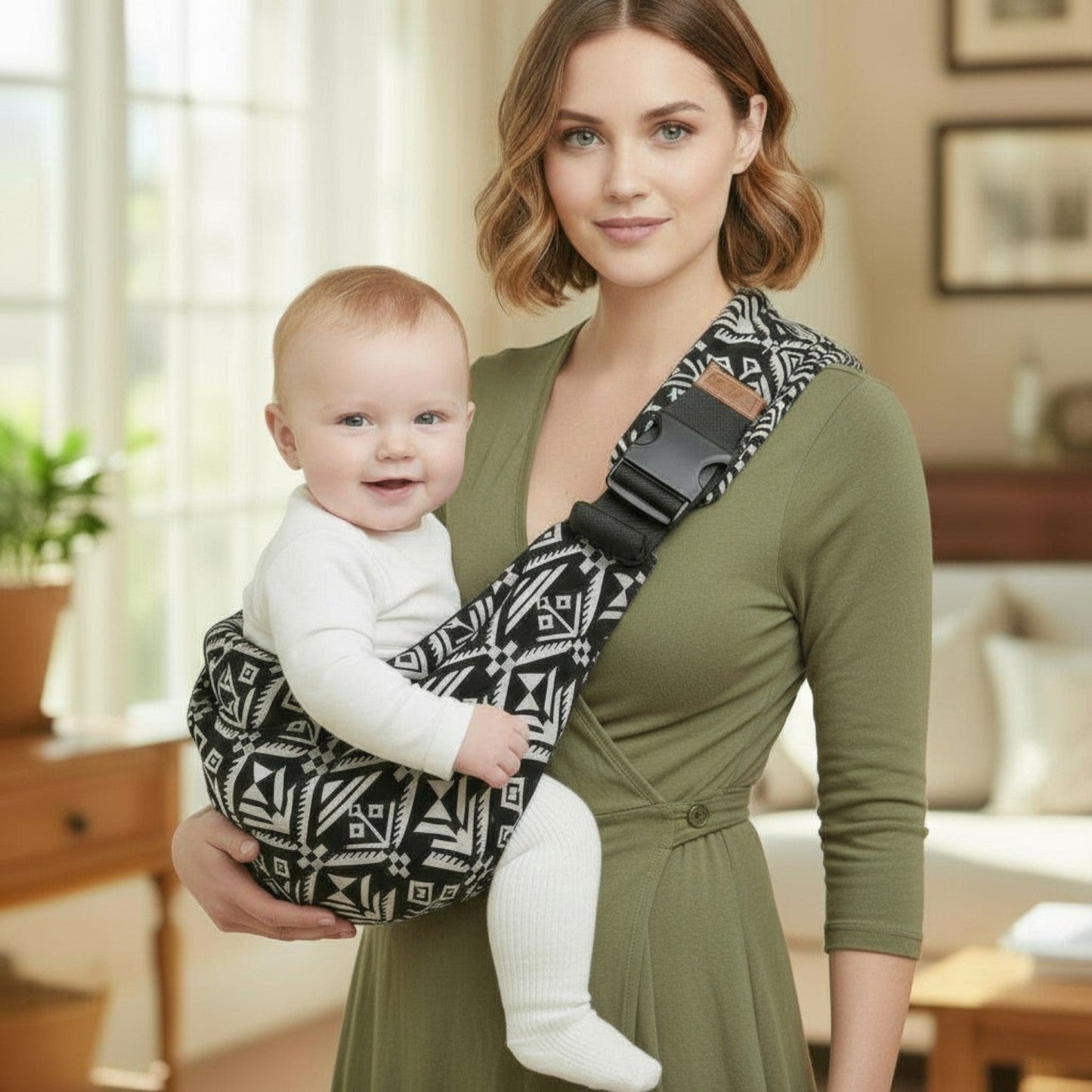 Maman_portant_son_bebe_dans_une Écharpe de portage bébée_noir_a_la_maison