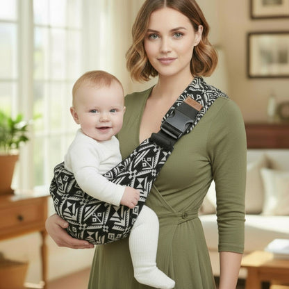 Maman_portant_son_bebe_dans_une Écharpe de portage bébée_noir_a_la_maison