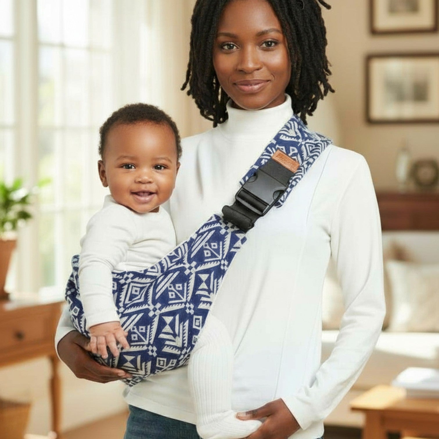 Maman_portant_son_bebe_dans_une-Écharpe de portage bébé_cote_bleu_a_la_maison