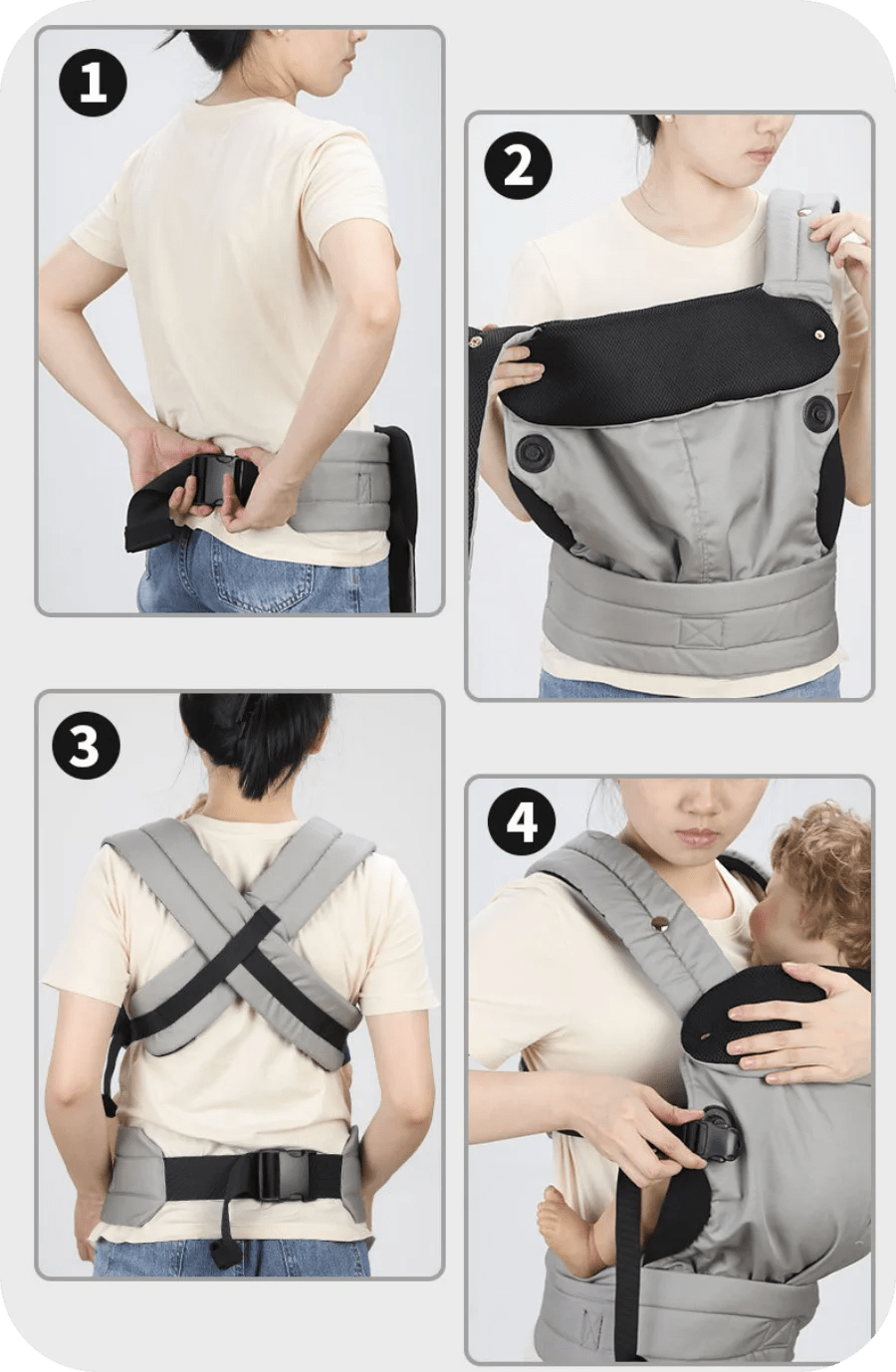 Porte bebe gris BambinEase™ – illustration montrant le portage du porte bebe – Astucebambin