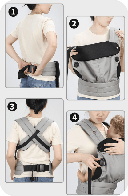 Porte bebe gris BambinEase™ – illustration montrant le portage du porte bebe – Astucebambin