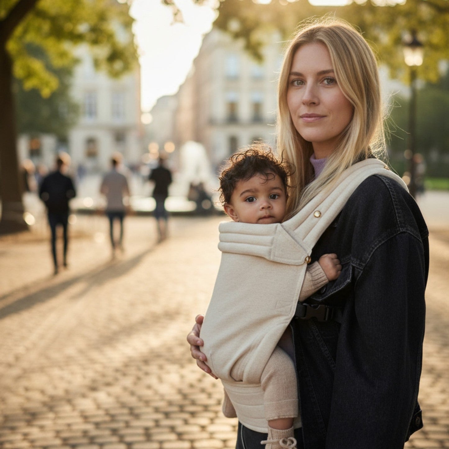 Porte bébé ergonomique  ErgoBambino™ – maman portant son bébé en éxterieur  dans un parc – Astucebambin