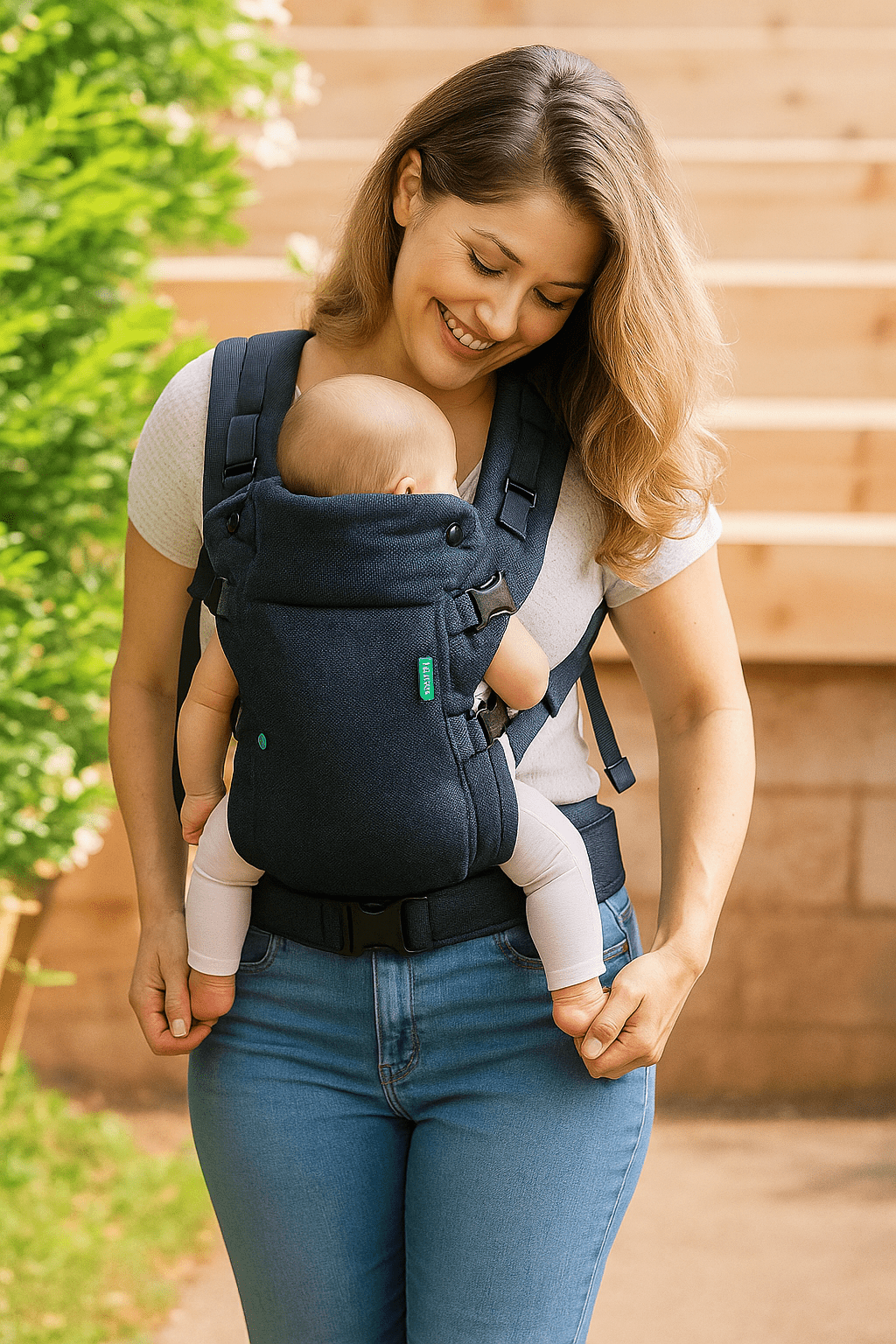 Porte bebe ergonomique noir SnugiNest™ – maman portant son bébé en portage confortable et sécurisé – Astucebambin