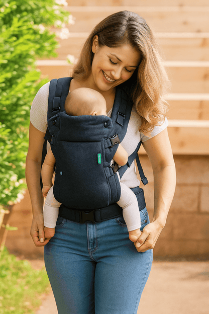 Porte bebe ergonomique noir SnugiNest™ – maman portant son bébé en portage confortable et sécurisé – Astucebambin