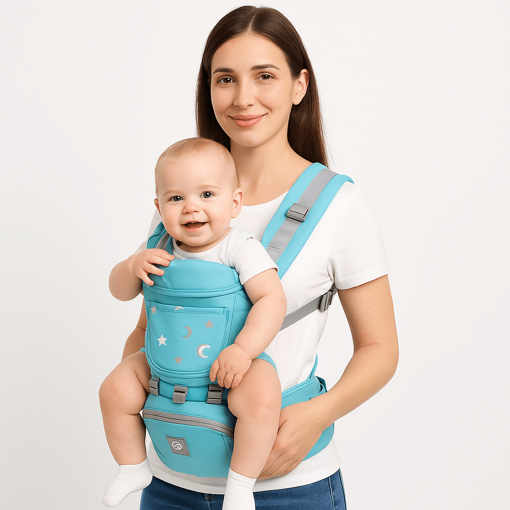 porte Bébé Naissance bleu clair EvoluPort™ – maman souriante tenant son bébé, portage ventral sécurisé et respirant –