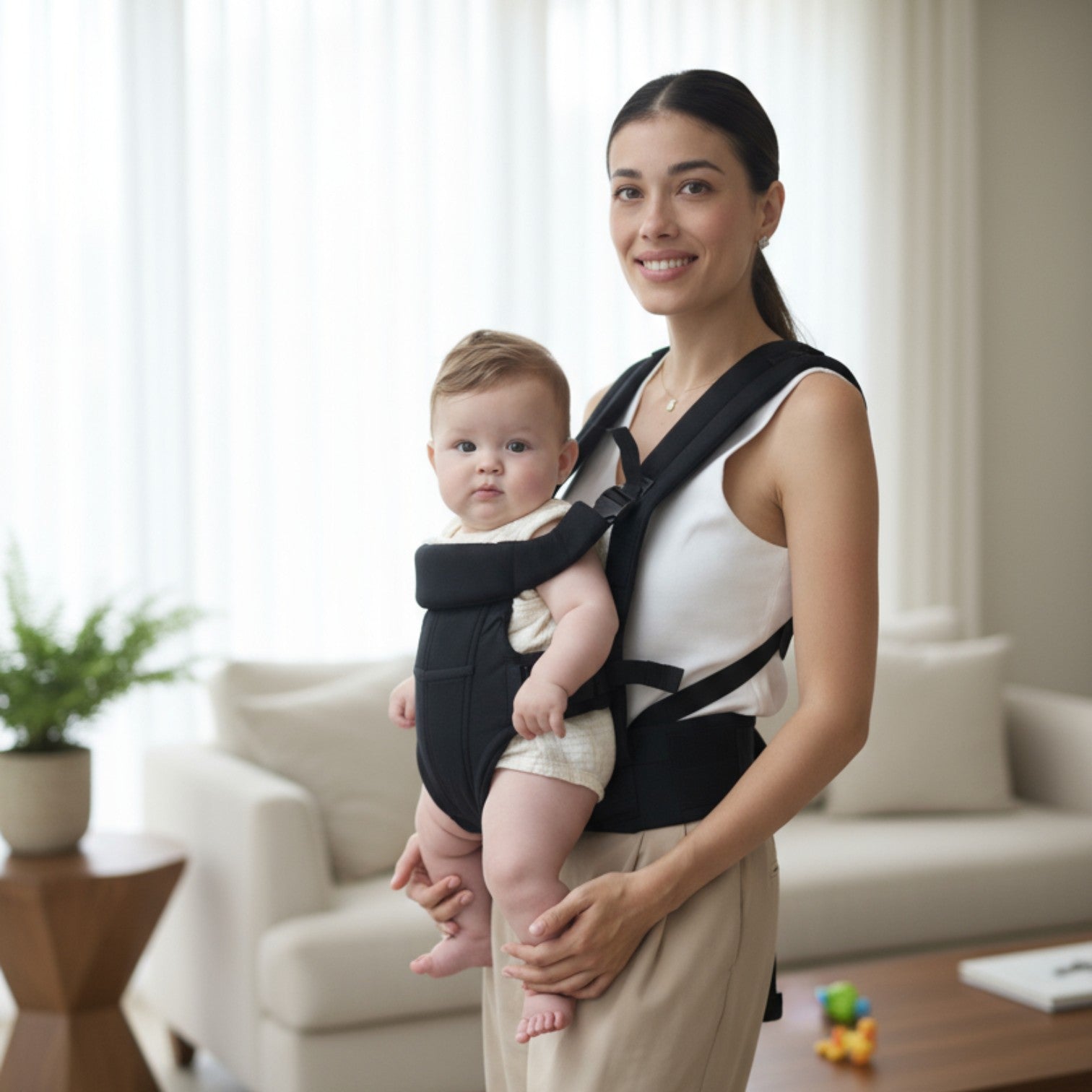 Porte-bébé évolutif noir Grandéo™ – maman tenant son bébé à la maison, tissu respirant et assise physiologique – Astucebambin