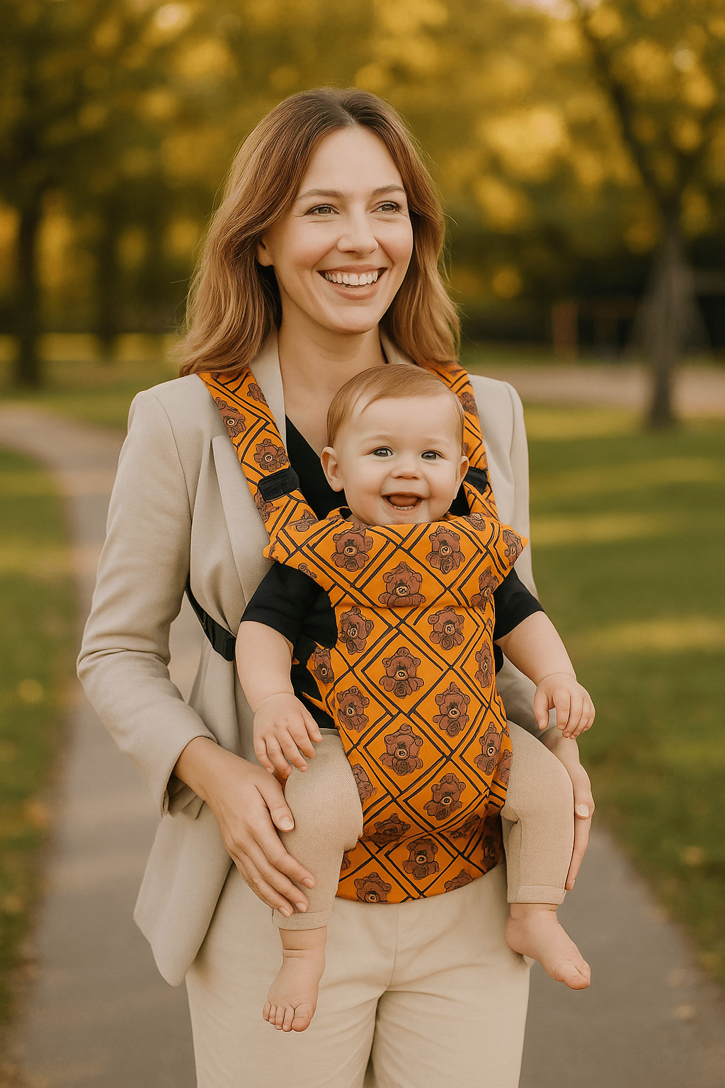 Porte bébé ergonomique -maman qui son bebe dans un parc dans un porte bebe coloré | Péduo™ - Astucebambin