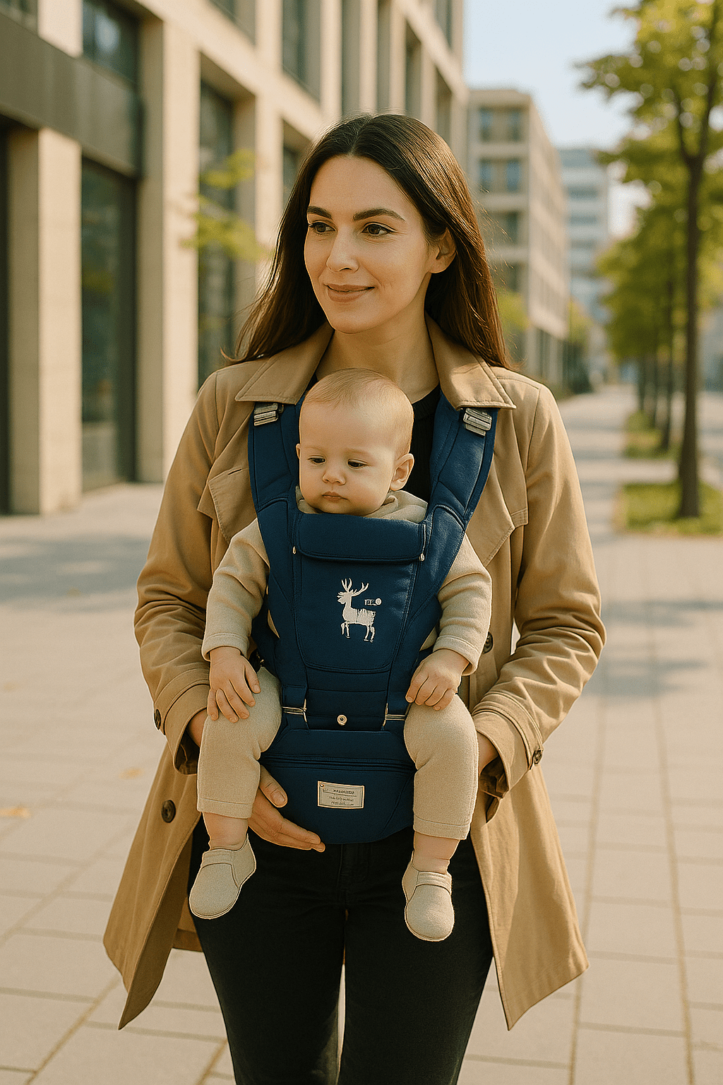 Porte-bébé Flip- maman qui marche avec son bebe qui fais du shopping | HeartNest™ - Astucebambin