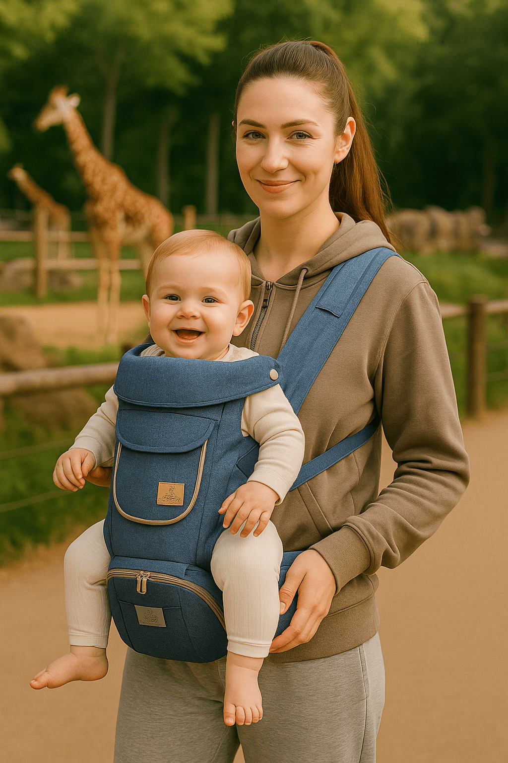 Porte bébé evolutif bleu clair LumiNest™ – maman portant son bébé, portage confortable et sécurisé – Astucebambin