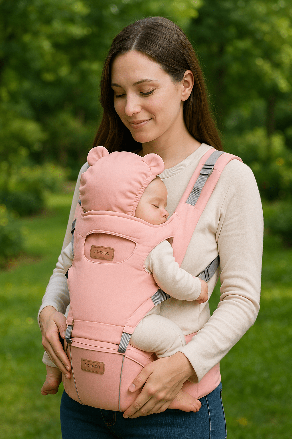 PORTE BEBE physiologique rose poudré Nino™ – maman portant son bébé en extérieur, design élégant – Astucebambin