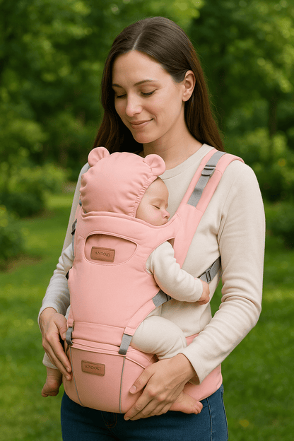 PORTE BEBE physiologique rose poudré Nino™ – maman portant son bébé en extérieur, design élégant – Astucebambin