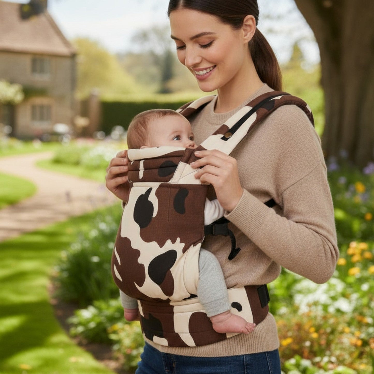 Porte bébé physiologique à motifs noir et blanc WildComfort™ – maman en extérieur portage confortable et pratique –