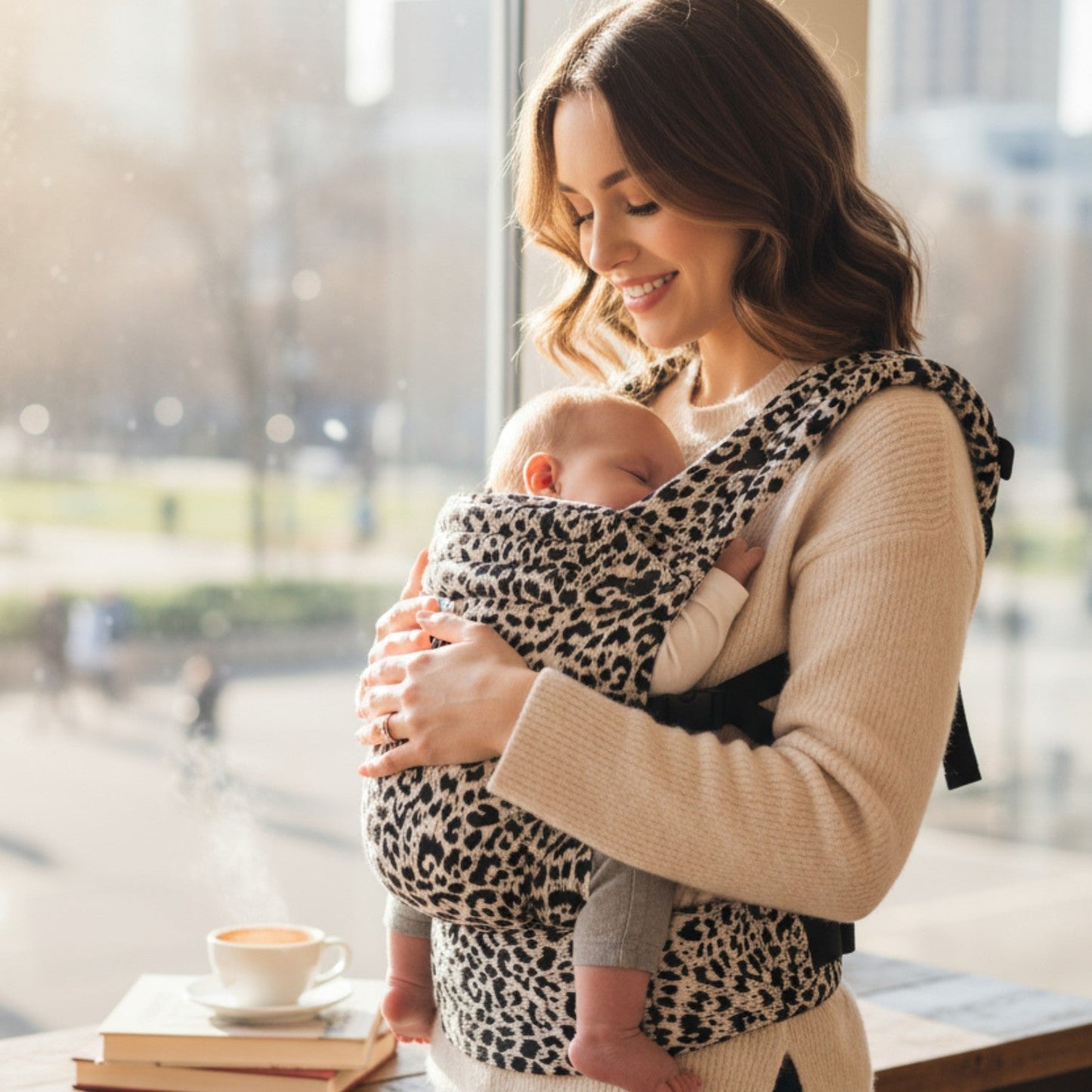 Porte bébé physiologique beige clair WildComfort™ – maman portant son bébé à la maison, portage doux et naturel –