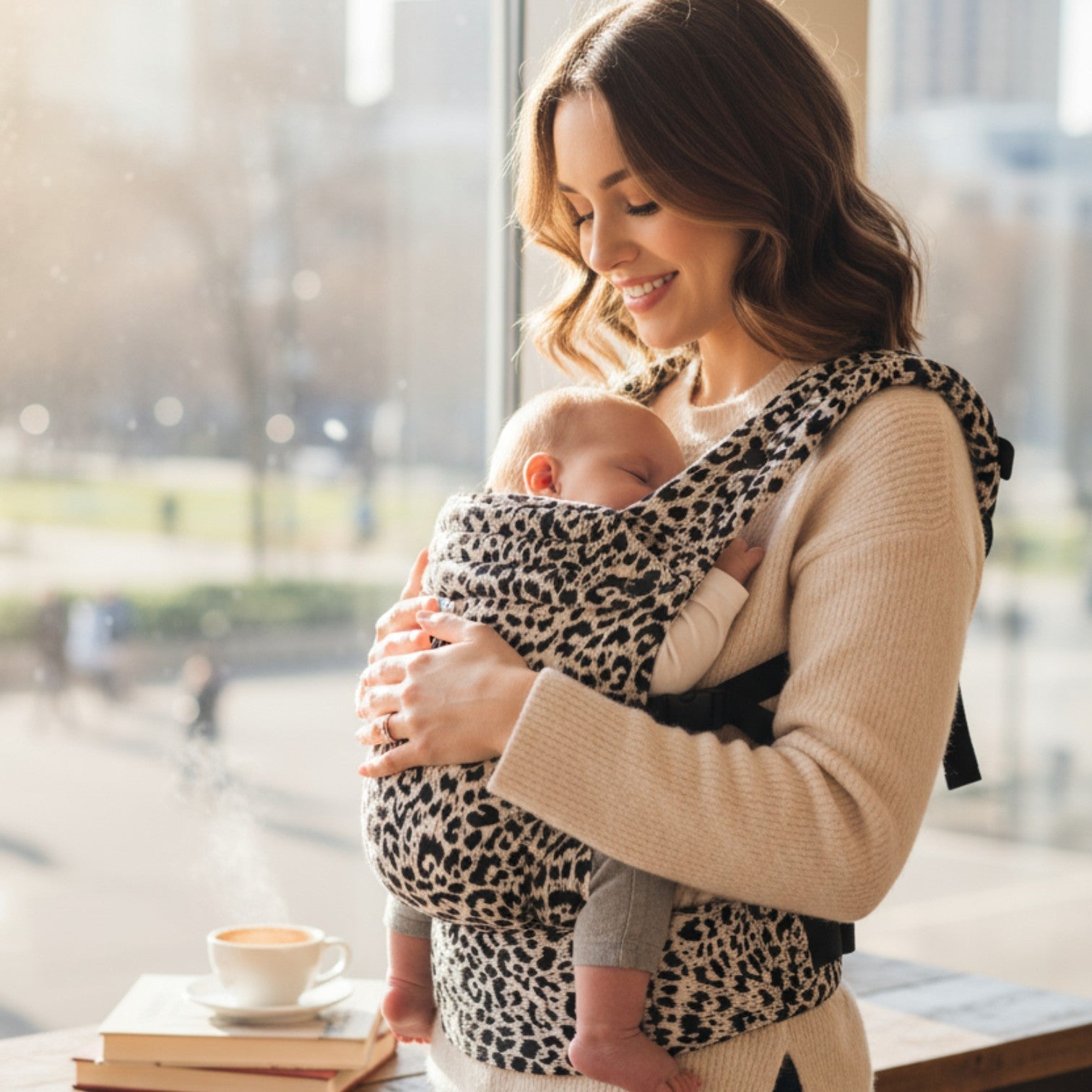 Porte bébé physiologique beige clair WildComfort™ – maman portant son bébé à la maison, portage doux et naturel –